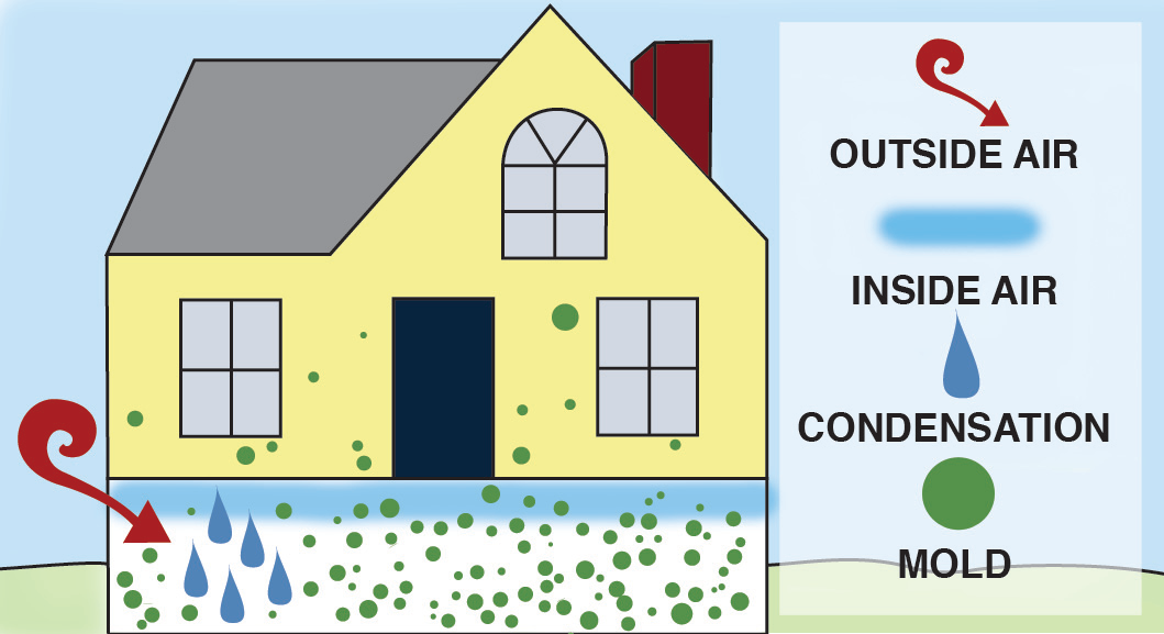 As air enters the crawl space, the hot, moist, outside air meets the cool surfaces inside causing condensation to occur, which can lead to mold in your home.