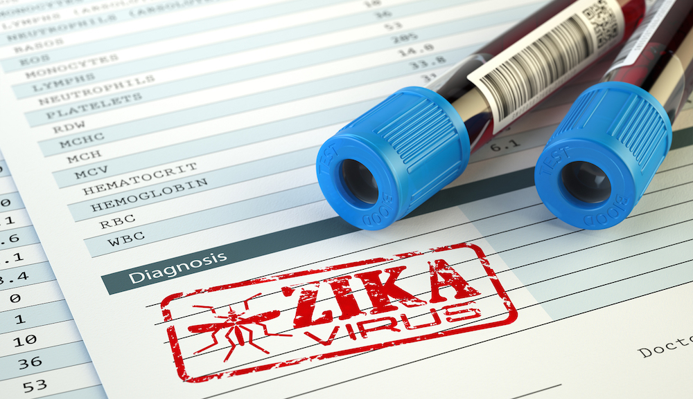medical paperwork with a red zika virus stamp on it and two vails of blood
