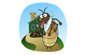 A cartoon of a termite standing in front of a house ready to eat