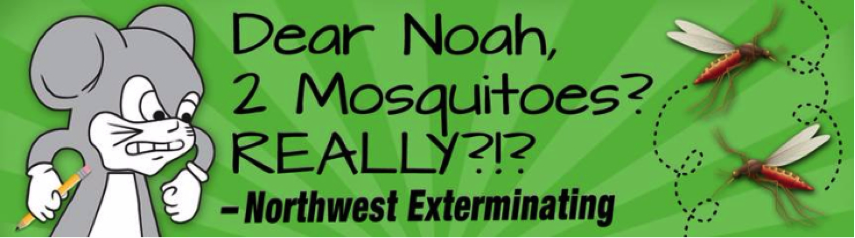 northwest mosquito billboard displaying the cartoon mascot beside two mosquitos flying around
