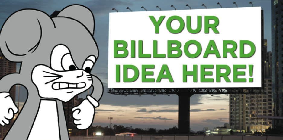 Northwest cartoon mascot standing next to a contest billboard in the city