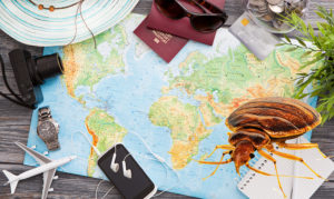 Large map with travel paraphernalia and a big bed bug