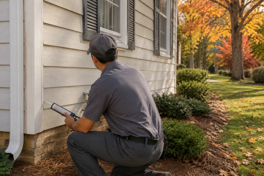 A pest control technician performing a fall exterior inspection along a Southeast home's south-facing wall.