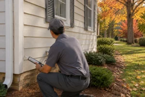 A pest control technician performing a fall exterior inspection along a Southeast home's south-facing wall.