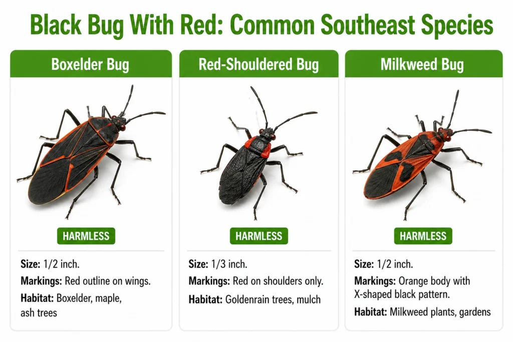 Black-and-red bug identification chart — boxelder bug vs red-shouldered bug vs milkweed bug compared by size, markings, and habitat.
