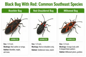 Black-and-red bug identification chart — boxelder bug vs red-shouldered bug vs milkweed bug compared by size, markings, and habitat.