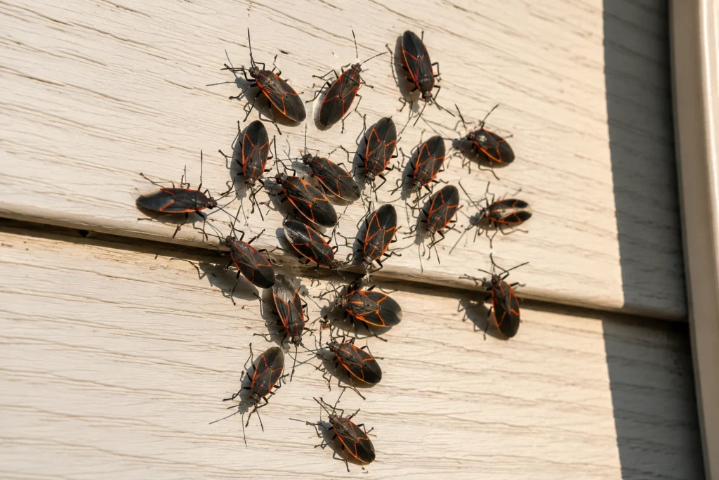A cluster of black-and-red boxelder bugs gathered on a sunny exterior wall of a Southeast home.