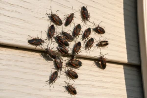 A cluster of black-and-red boxelder bugs gathered on a sunny exterior wall of a Southeast home.