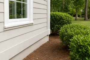 A residential exterior showing sealed window frames and trimmed landscaping near the foundation — the structural changes that keep boxelder bugs out of Southeast homes.