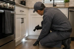 A Northwest Exterminating technician inspecting a kitchen for cockroach entry points and signs of infestation.