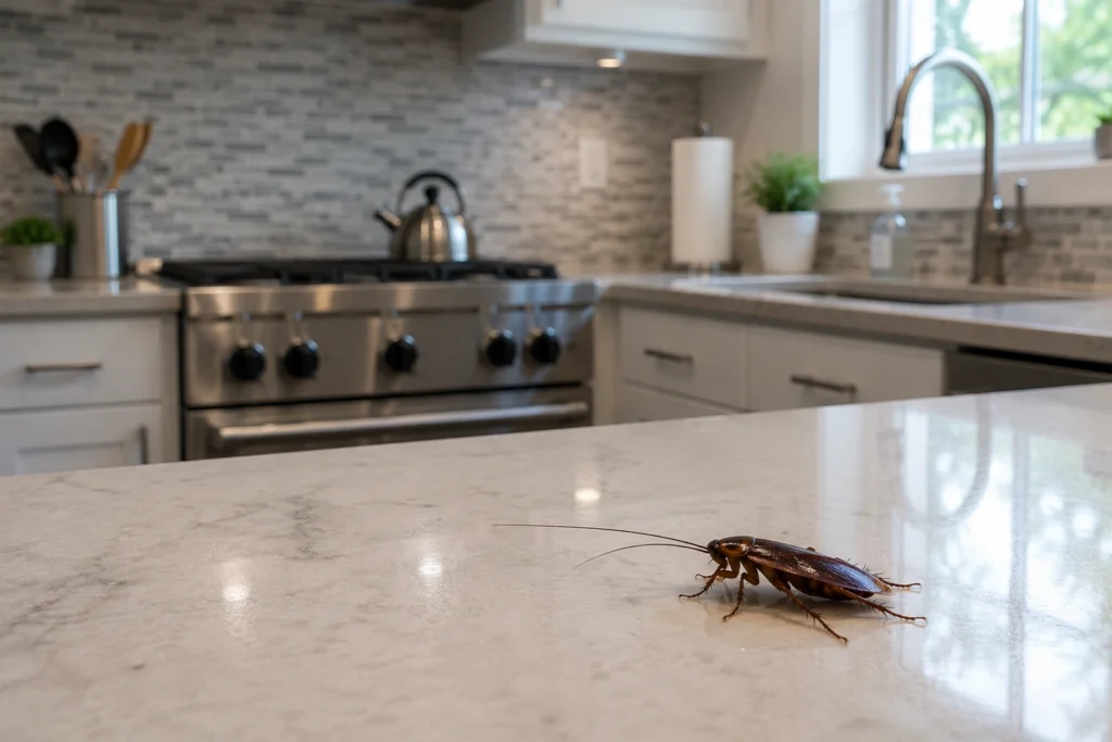 A cockroach in a clean kitchen — even immaculate Southeast homes can attract roaches.