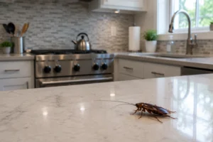 A cockroach in a clean kitchen — even immaculate Southeast homes can attract roaches.