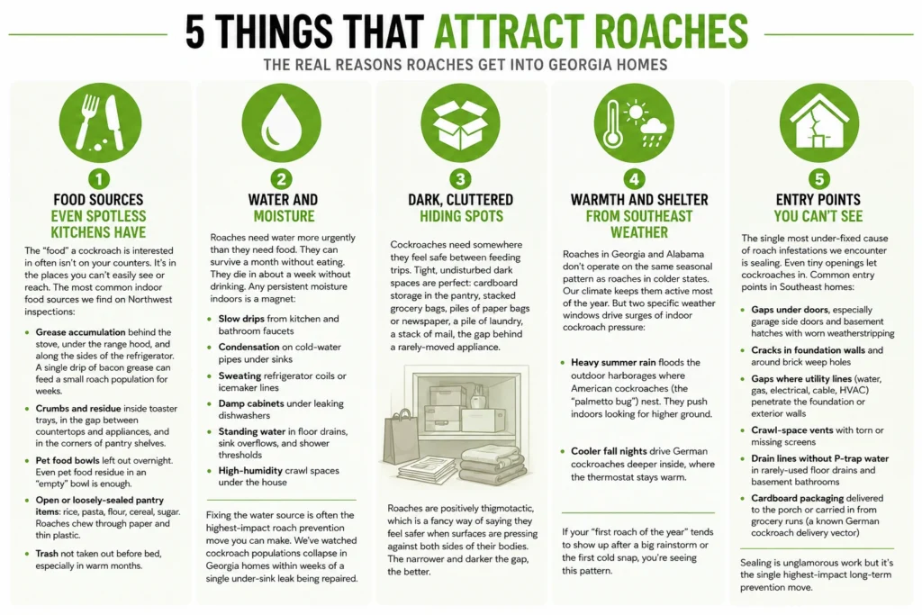 A Northwest Exterminating chart showing the five things that actually attract roaches into Georgia homes.