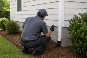 A pest control technician performing a residential exterior spider inspection along a Southeast home foundation.