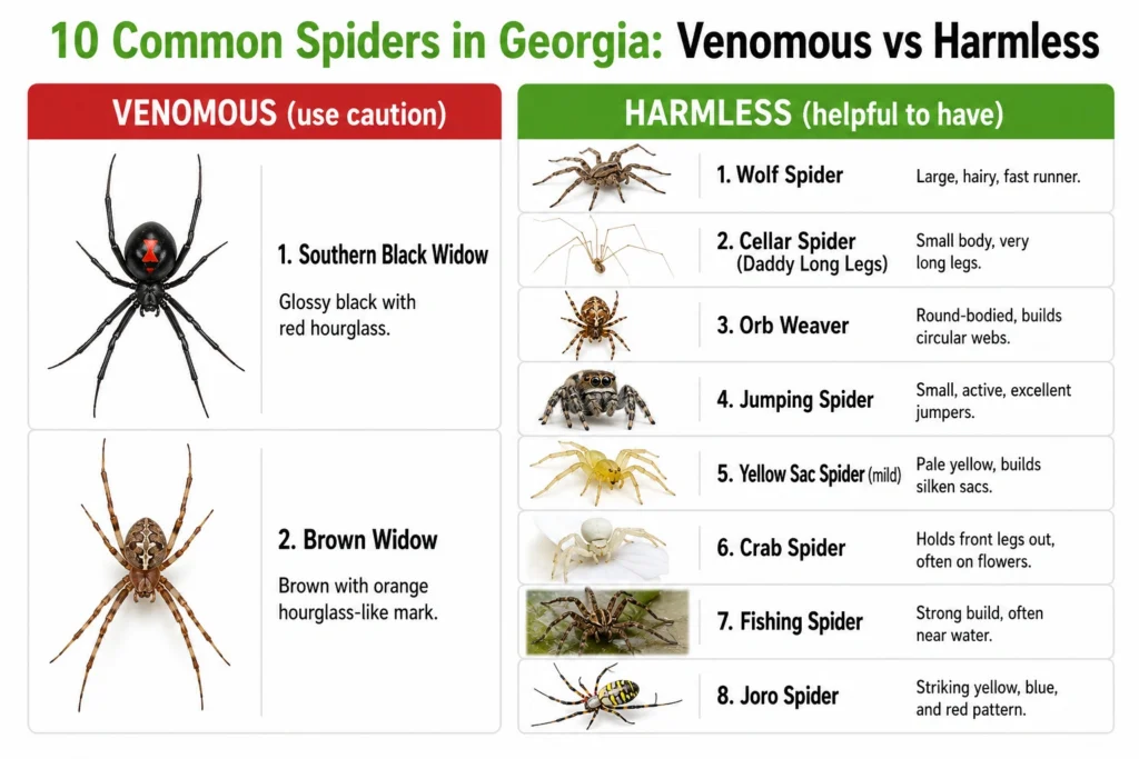 10 common spiders in Georgia identification chart — venomous vs harmless species color-coded by bite risk.