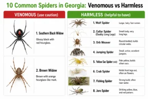 10 common spiders in Georgia identification chart — venomous vs harmless species color-coded by bite risk.