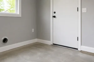 A well-sealed exterior door frame and clean garage corner — typical entry-point sealing that keeps spiders out of Southeast homes.