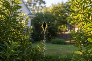 A large garden spider in a circular web in a Georgia backyard — one of the most commonly spotted spiders in the Southeast during late summer.