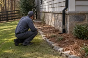 A Northwest Exterminating technician inspecting a yard perimeter — professional snake prevention services in the Southeast.