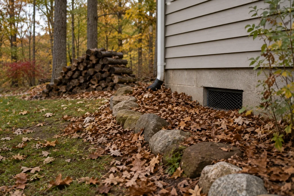 A Southeast yard in fall, when snakes seek shelter and homeowners want to keep snakes away through winter.