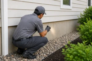A pest control technician inspecting a residential foundation perimeter and basement entry points for millipede activity.