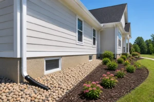 A well-maintained Southeast home foundation showing reduced mulch, sealed cracks, and good drainage — the conditions that keep household millipedes out.