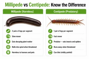 Millipede vs centipede side-by-side comparison — how to tell them apart by leg count, body shape, speed, and behavior.