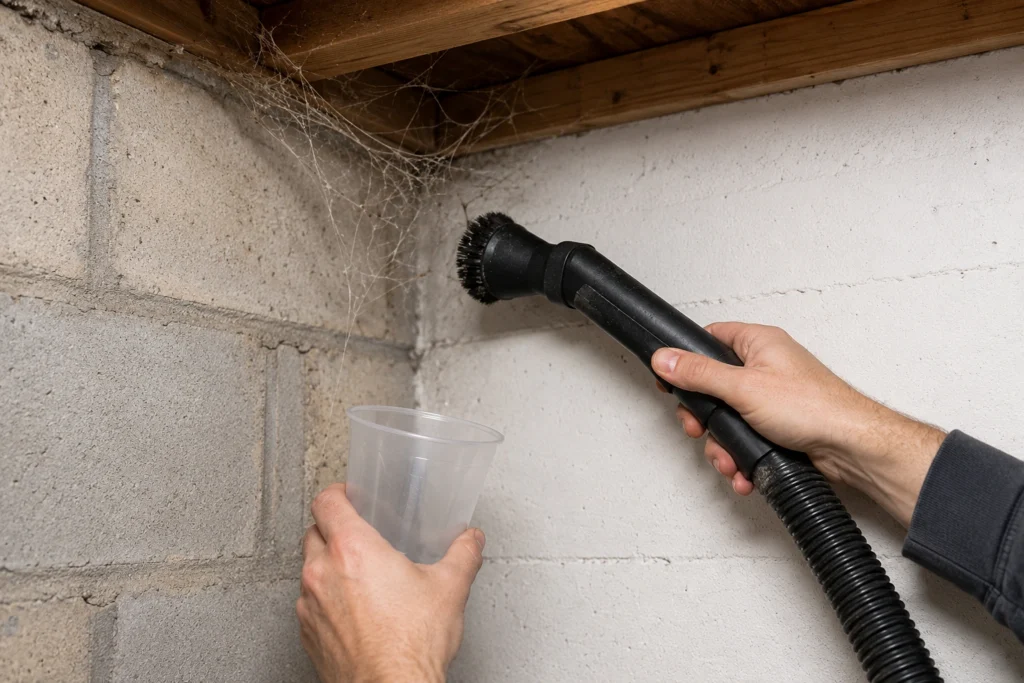Removing cellar spider webs from a basement corner — one of the safest ways to manage granddaddy long legs.