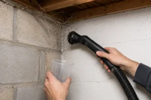 Removing cellar spider webs from a basement corner — one of the safest ways to manage granddaddy long legs.