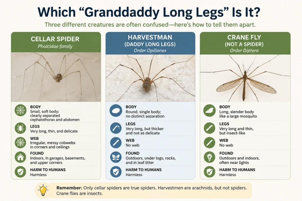 Cellar spider, harvestman, and crane fly side-by-side — how to tell which "granddaddy long legs" you're seeing.