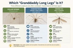 Cellar spider, harvestman, and crane fly side-by-side — how to tell which "granddaddy long legs" you're seeing.