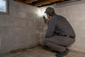 A Northwest Exterminating technician inspecting a basement corner for spiders — professional spider control services in Georgia.