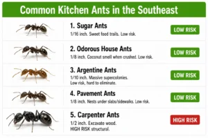 Kitchen ant identification chart — sugar ants, odorous house ants, argentine ants, pavement ants, and carpenter ants compared.