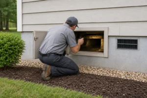 A pest control technician inspecting the foundation crawl space access of a residential Southeast home for termite activity.
