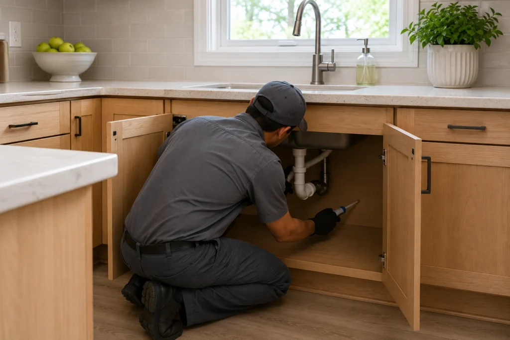 A pest control technician applying targeted treatment under a residential kitchen sink — professional ant control at the entry point.