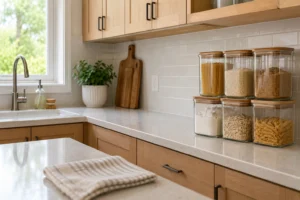 A clean residential kitchen with sealed food storage containers, wiped counters, and properly maintained sink area — the home environment that prevents kitchen ant returns.