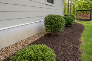 A residential exterior showing a well-maintained foundation with proper drainage, mulch clearance, and elevated firewood storage — the home setup that minimizes termite risk in the Southeast.