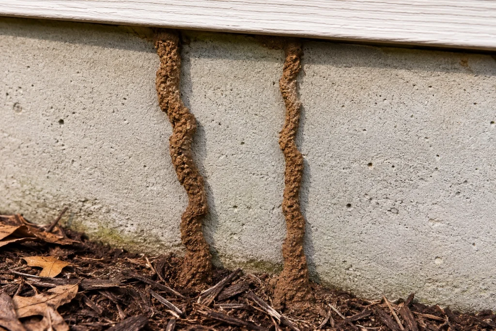 Termite mud tubes running up the exterior foundation wall of a Southeast home — the classic warning sign of subterranean termite activity.