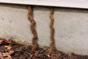 Termite mud tubes running up the exterior foundation wall of a Southeast home — the classic warning sign of subterranean termite activity.