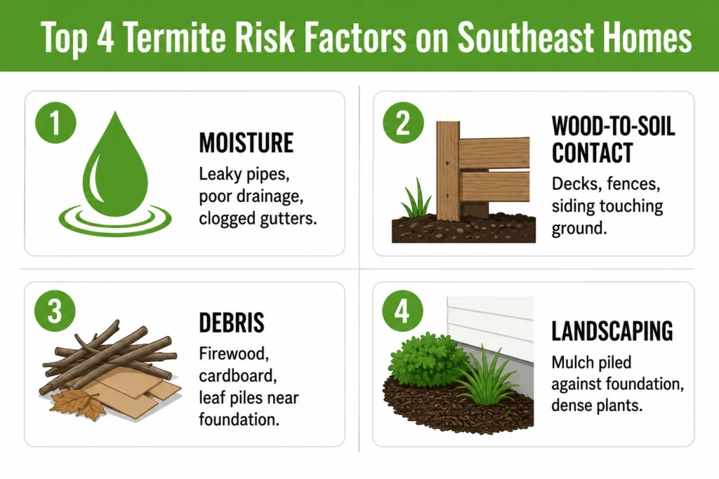 Termite risk factor diagram showing moisture, wood-to-soil contact, debris, and landscaping issues around a Southeast home.