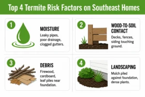 Termite risk factor diagram showing moisture, wood-to-soil contact, debris, and landscaping issues around a Southeast home.