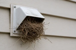 A bird's nest built inside a residential dryer vent on the side of a Southeast home — one of the most common bird issues we treat.