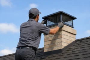 A pest control technician installing a bird-proof cap on a residential chimney — full exclusion for long-term bird control.