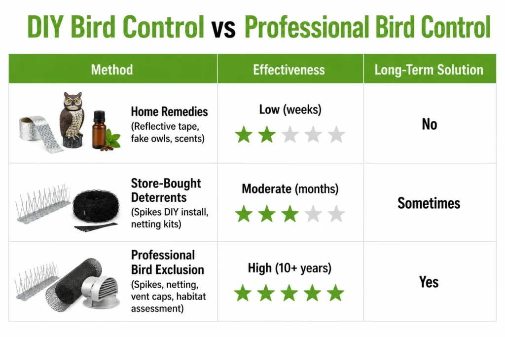 DIY home remedies vs professional bird control comparison — effectiveness, longevity, and cost compared.