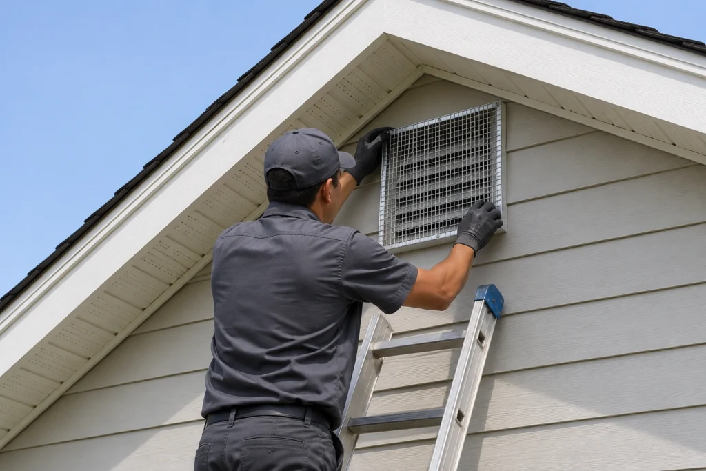 A pest control technician installing a bird-proof cover over a residential gable vent — professional exclusion work that stops bird nesting at the source.