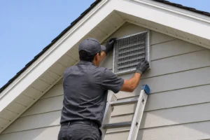 A pest control technician installing a bird-proof cover over a residential gable vent — professional exclusion work that stops bird nesting at the source.