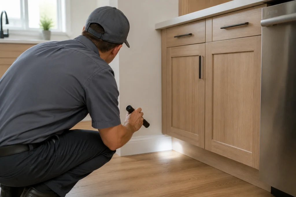 A Northwest Exterminating technician inspecting under a kitchen baseboard for rodent entry points and droppings.