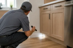 A Northwest Exterminating technician inspecting under a kitchen baseboard for rodent entry points and droppings.