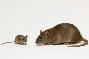 A house mouse and a Norway rat shown side-by-side at the same scale — the easiest visual way to see the size difference.