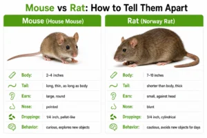 Mouse vs rat side-by-side comparison infographic — size, tail, ears, nose, droppings, and behavior differences.